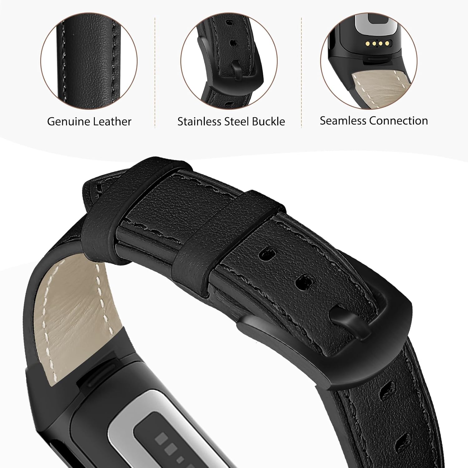 Leather Watch Bands Compatible with Fitbit Charge 6/Charge 5,Genuine Leather Replacement Straps for Charge 6/Charge 5 for Women Men. - Image 4